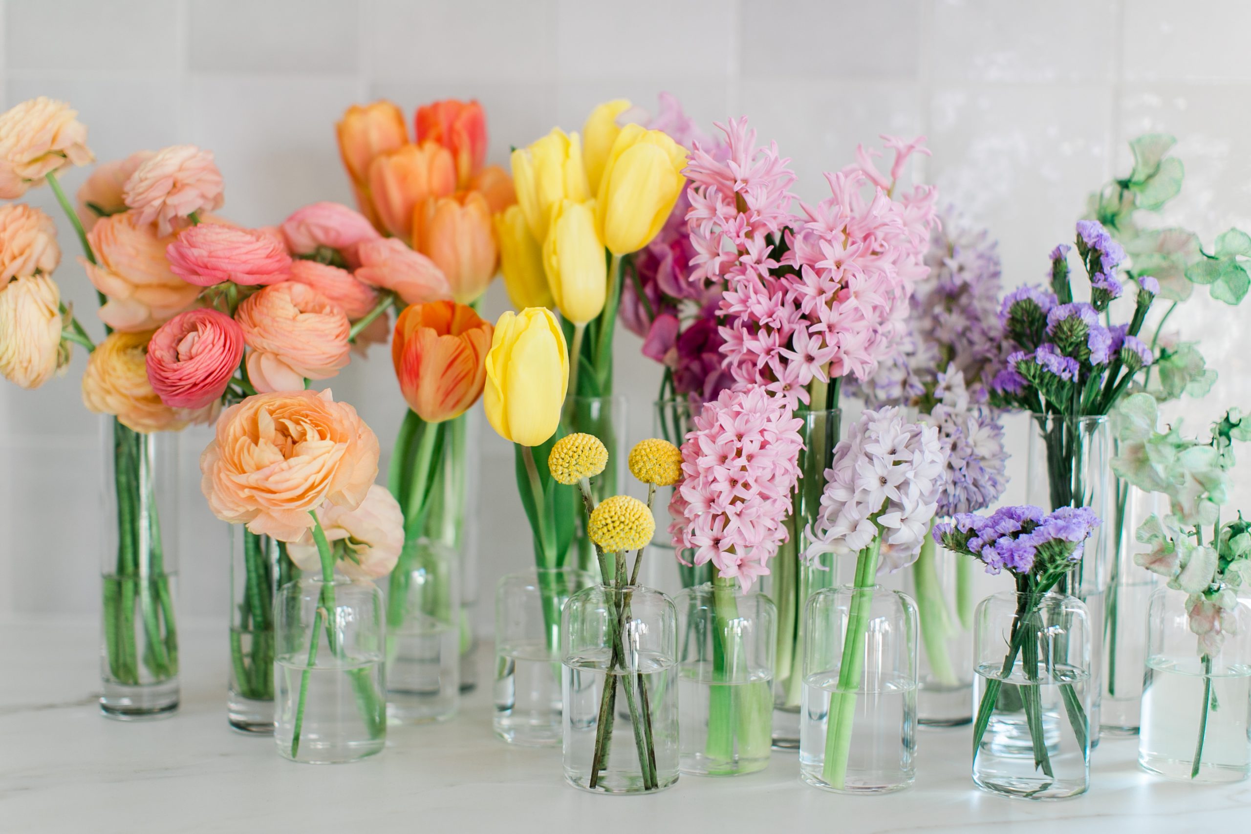 A range of summer flowers in vases.