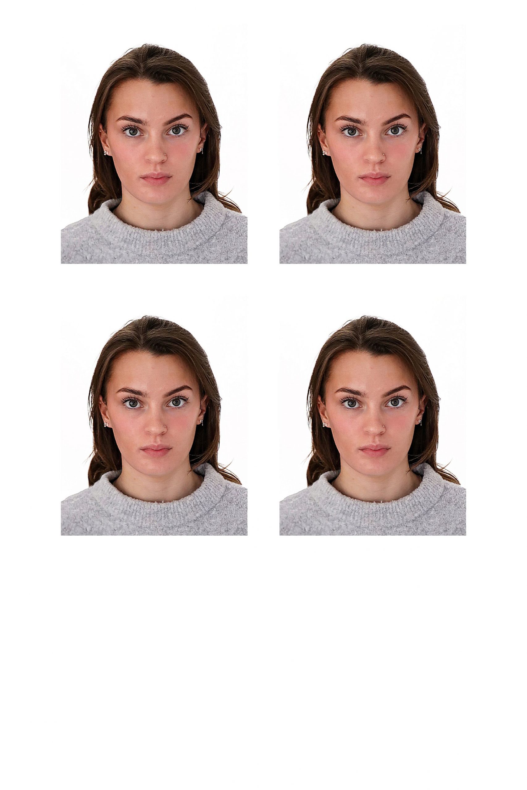 A passport photo of a young woman, with even lighting, a white background, and a neutral expression, showing four identical images in one.